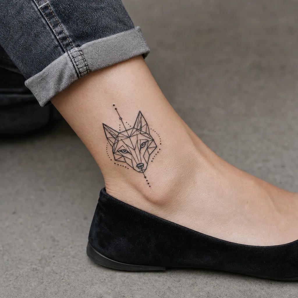 idée tatouage cheville loup géométrique, photo réaliste sur peau