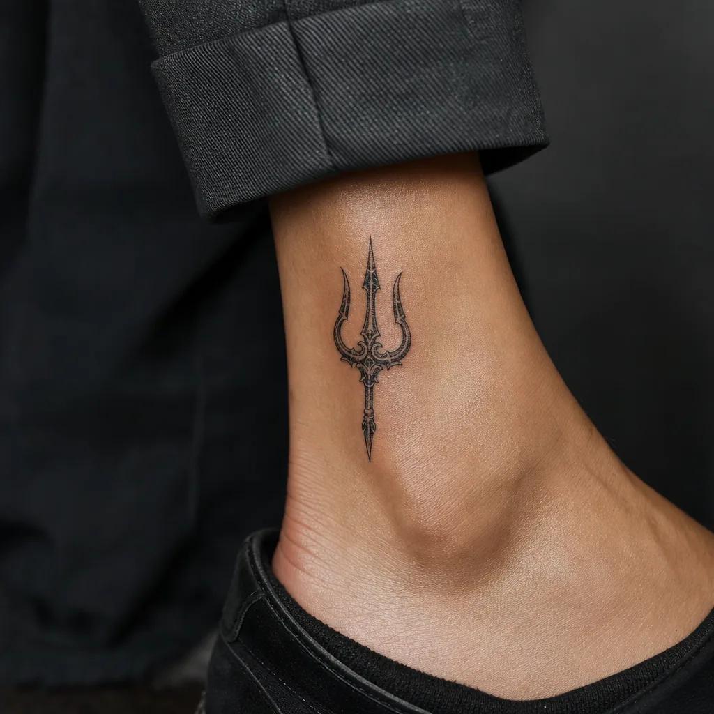 idée tatouage cheville trident mythologique, photo réaliste sur peau
