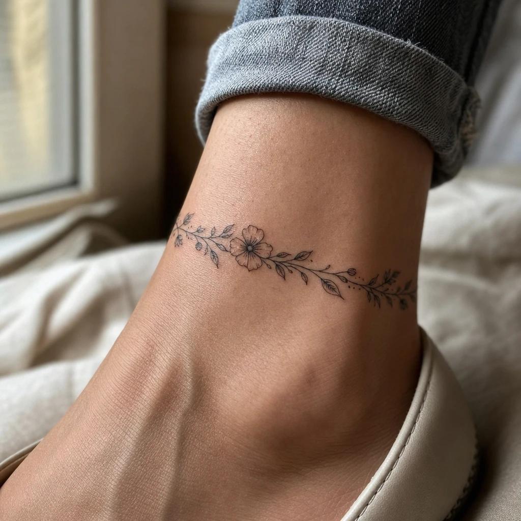 idée tatouage cheville femme bracelet de cheville floral, photo réaliste sur peau