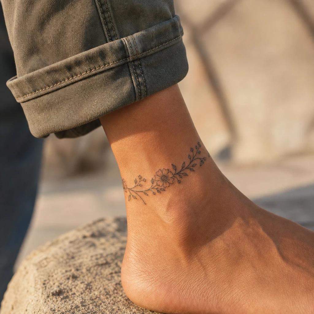 idée tatouage cheville femme bracelet de cheville floral, photo réaliste sur peau
