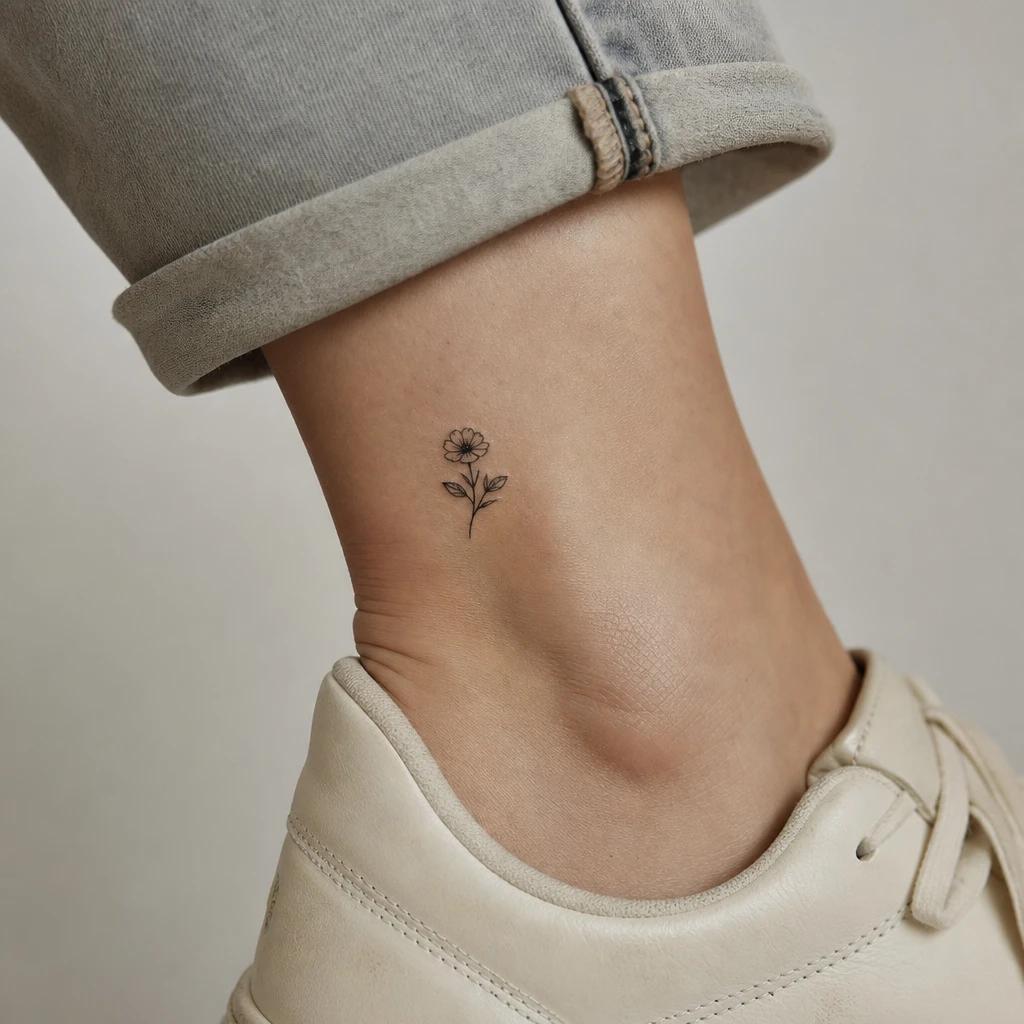 idée tatouage cheville femme petite fleur cheville, photo réaliste sur peau