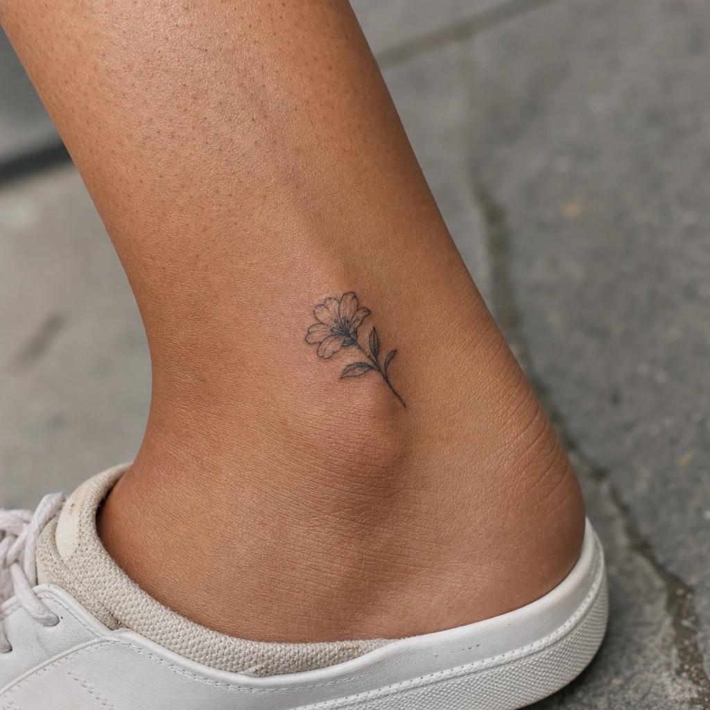idée tatouage cheville femme petite fleur cheville, photo réaliste sur peau