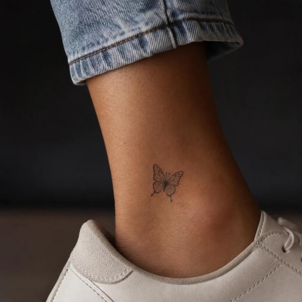 idée tatouage cheville femme papillon fine line, photo réaliste sur peau