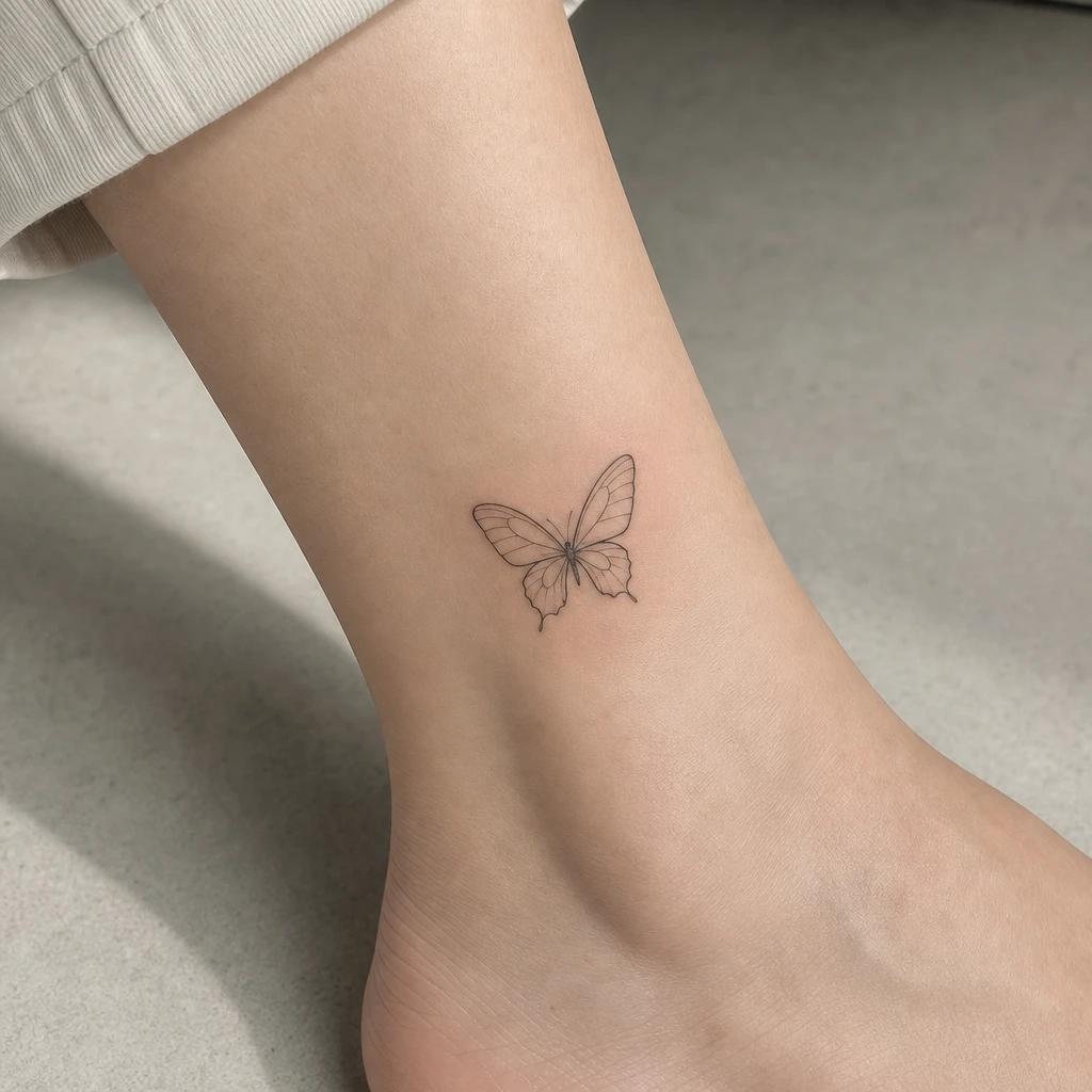 idée tatouage cheville femme papillon fine line, photo réaliste sur peau