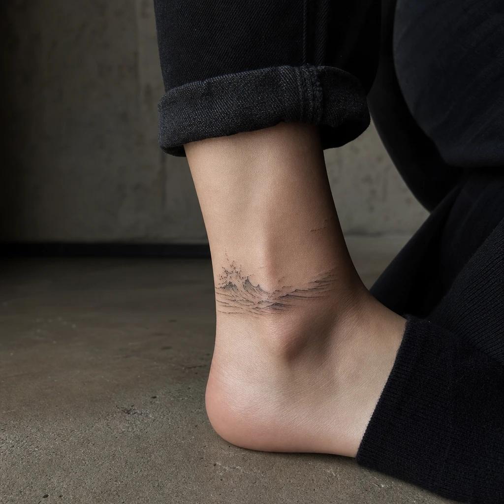 idée tatouage cheville femme vague océan, photo réaliste sur peau