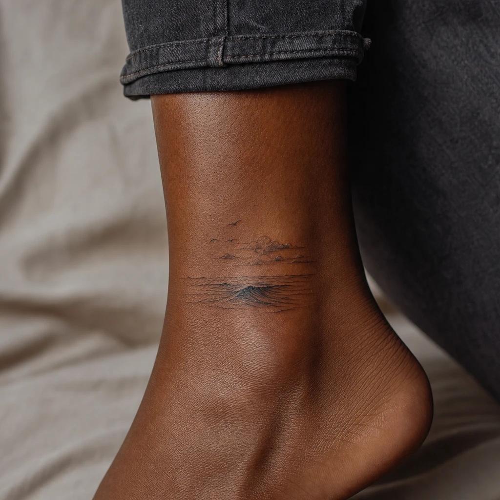 idée tatouage cheville femme vague océan, photo réaliste sur peau