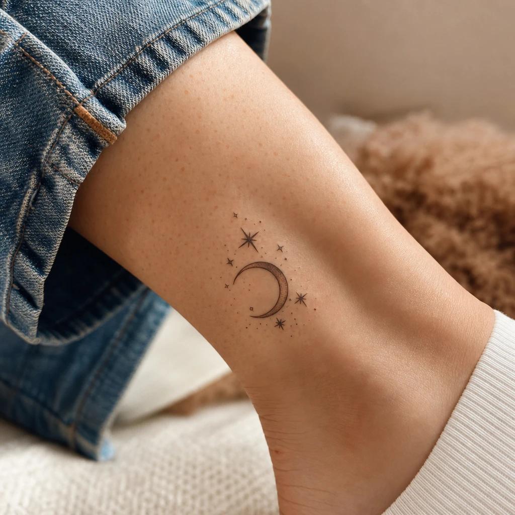idée tatouage cheville femme lune et étoiles, photo réaliste sur peau