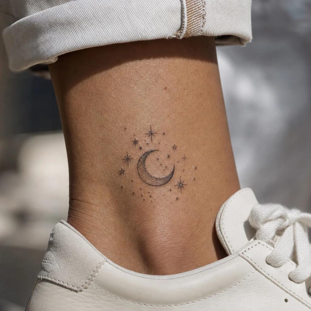 idée tatouage cheville femme lune et étoiles, photo réaliste sur peau
