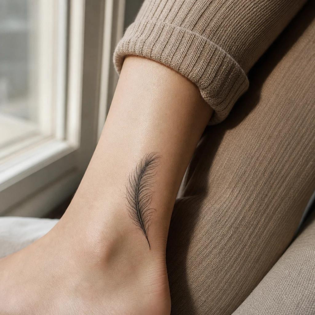 idée tatouage cheville femme plume délicate, photo réaliste sur peau