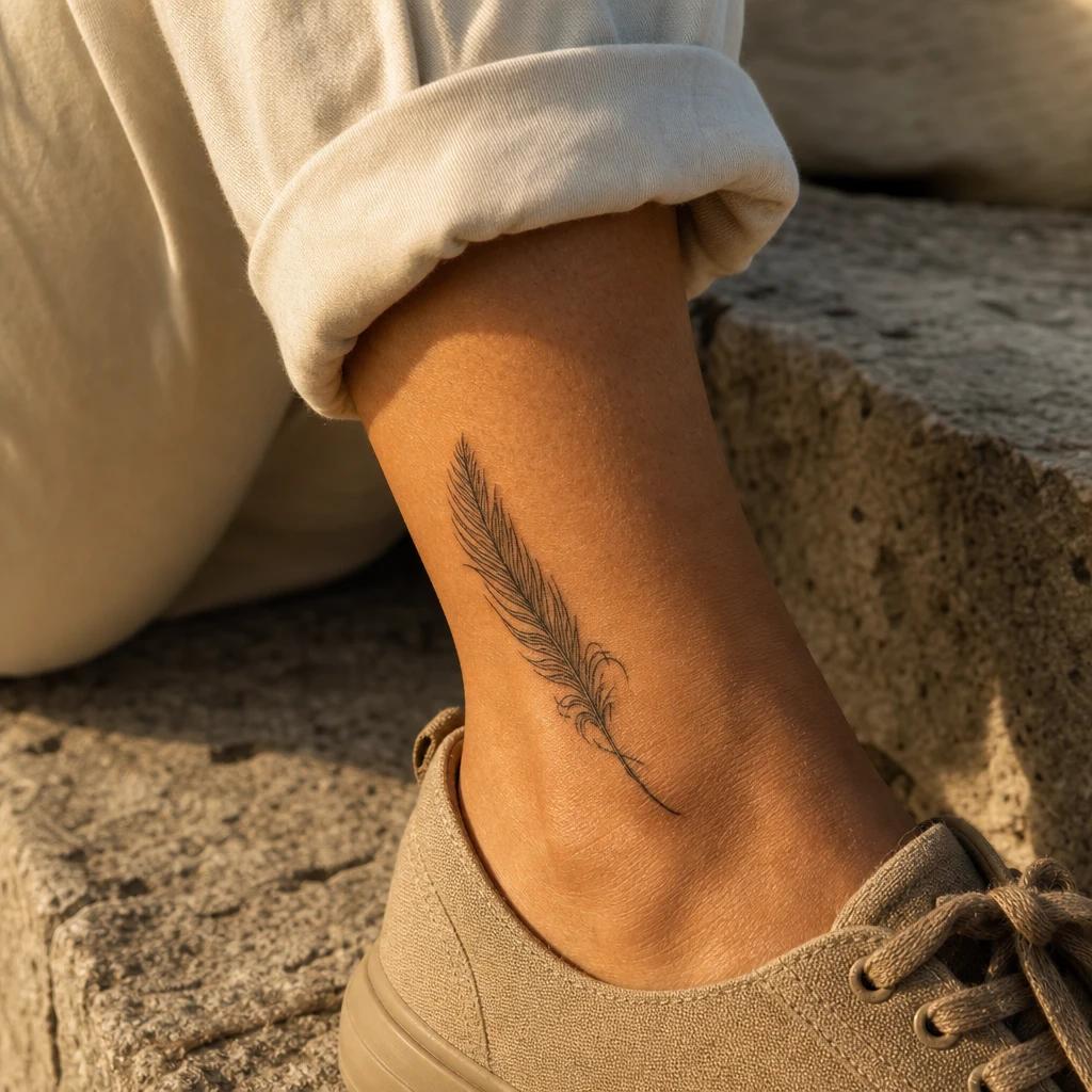 idée tatouage cheville femme plume délicate, photo réaliste sur peau