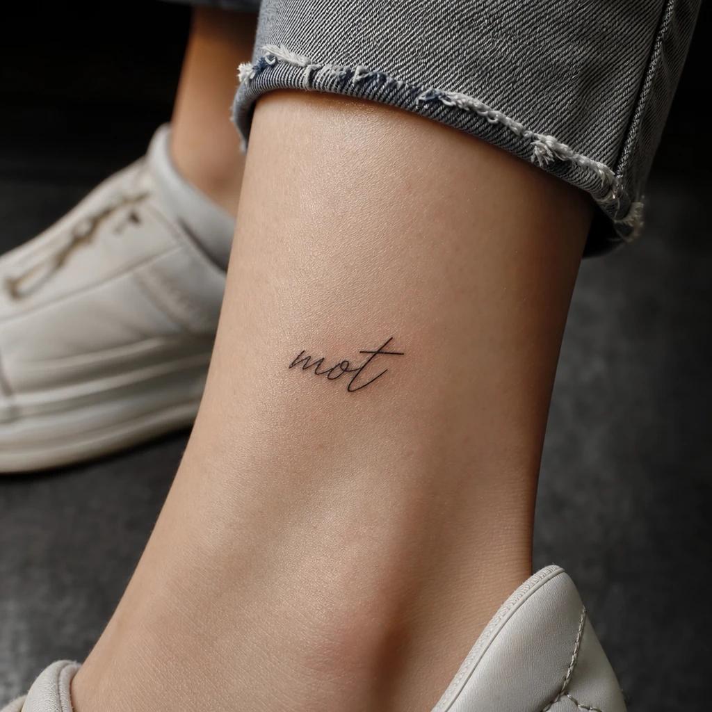 idée tatouage cheville femme mot manuscrit, photo réaliste sur peau