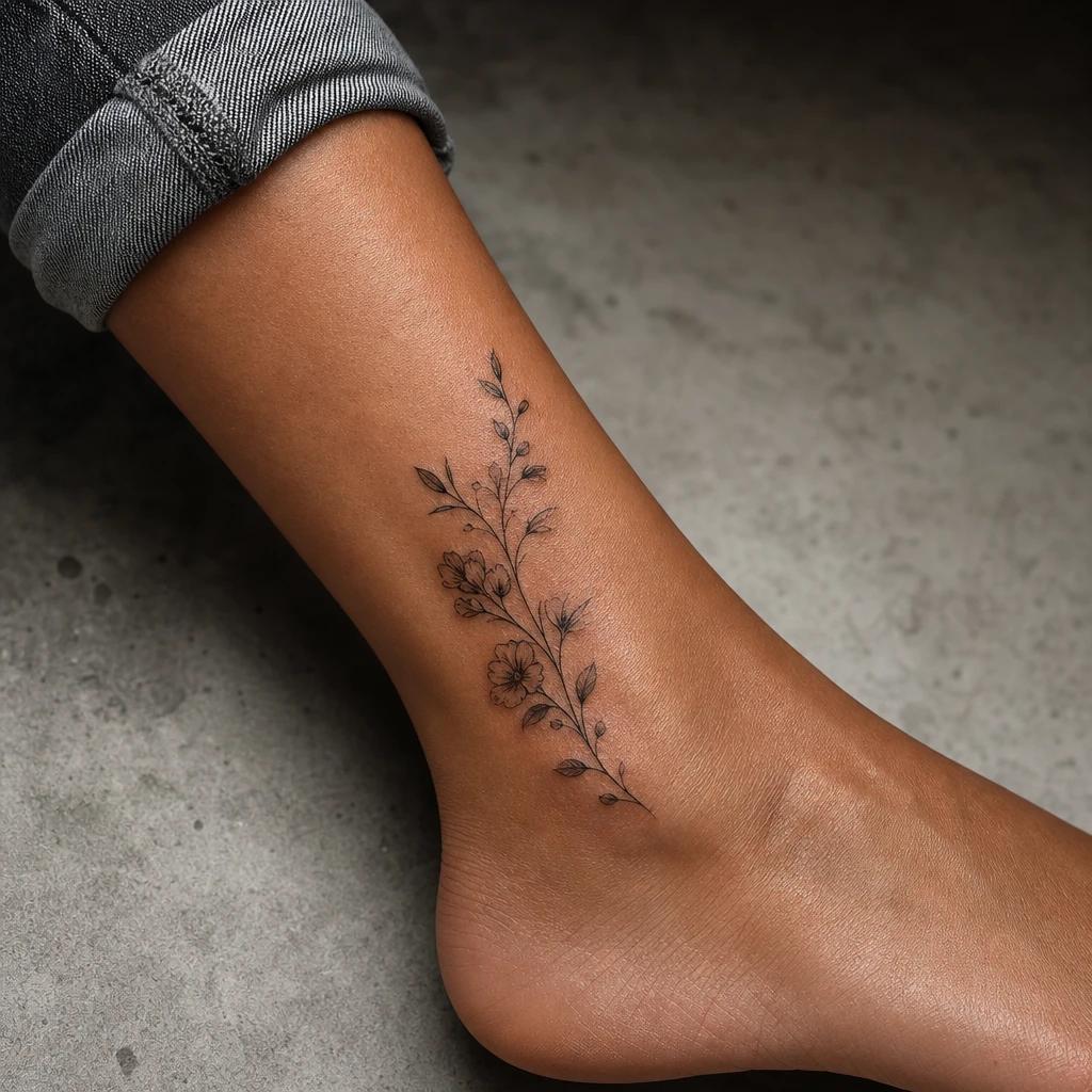 idée tatouage cheville femme branche fleurie fine, photo réaliste sur peau