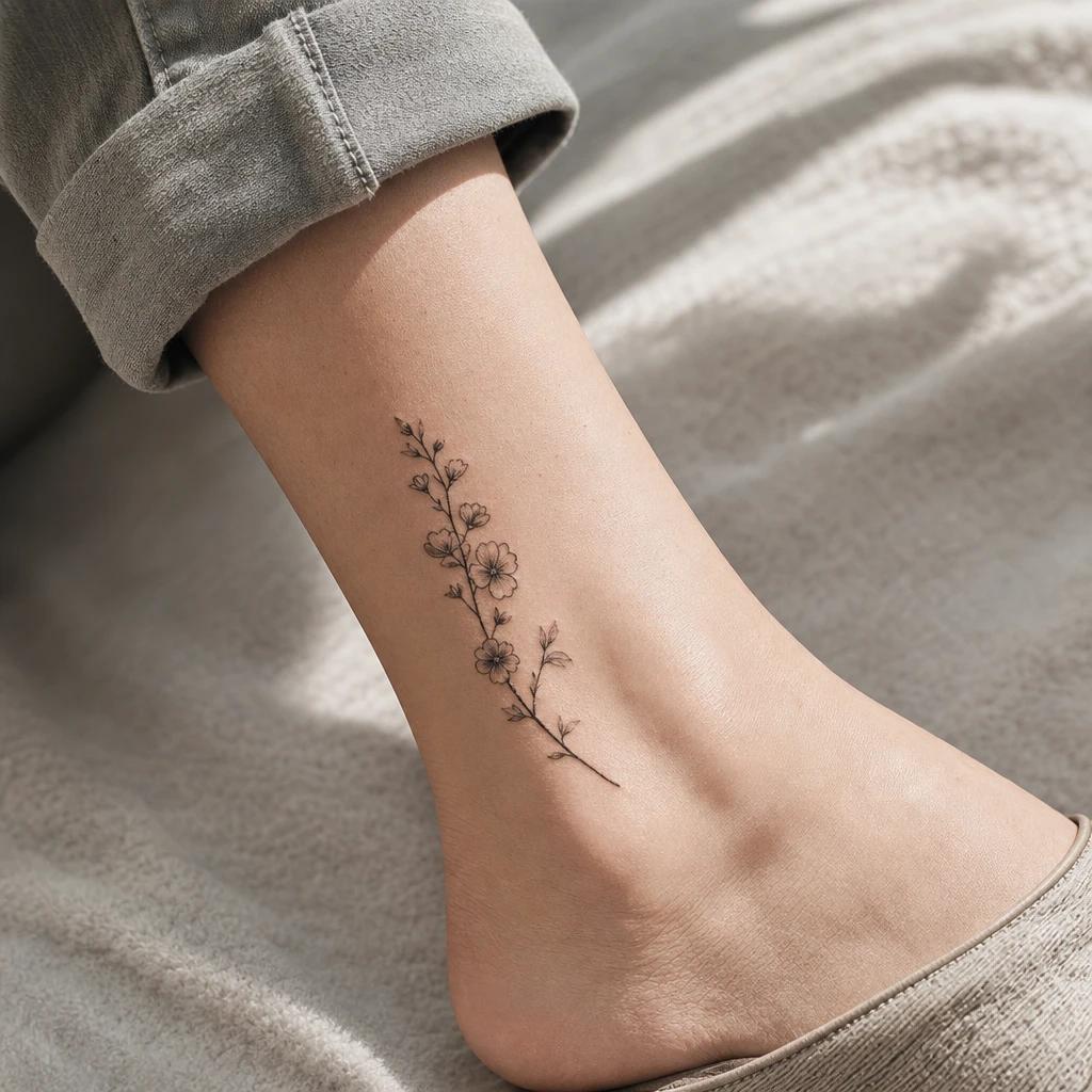 idée tatouage cheville femme branche fleurie fine, photo réaliste sur peau