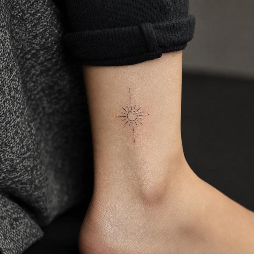 idée tatouage cheville femme soleil minimaliste, photo réaliste sur peau