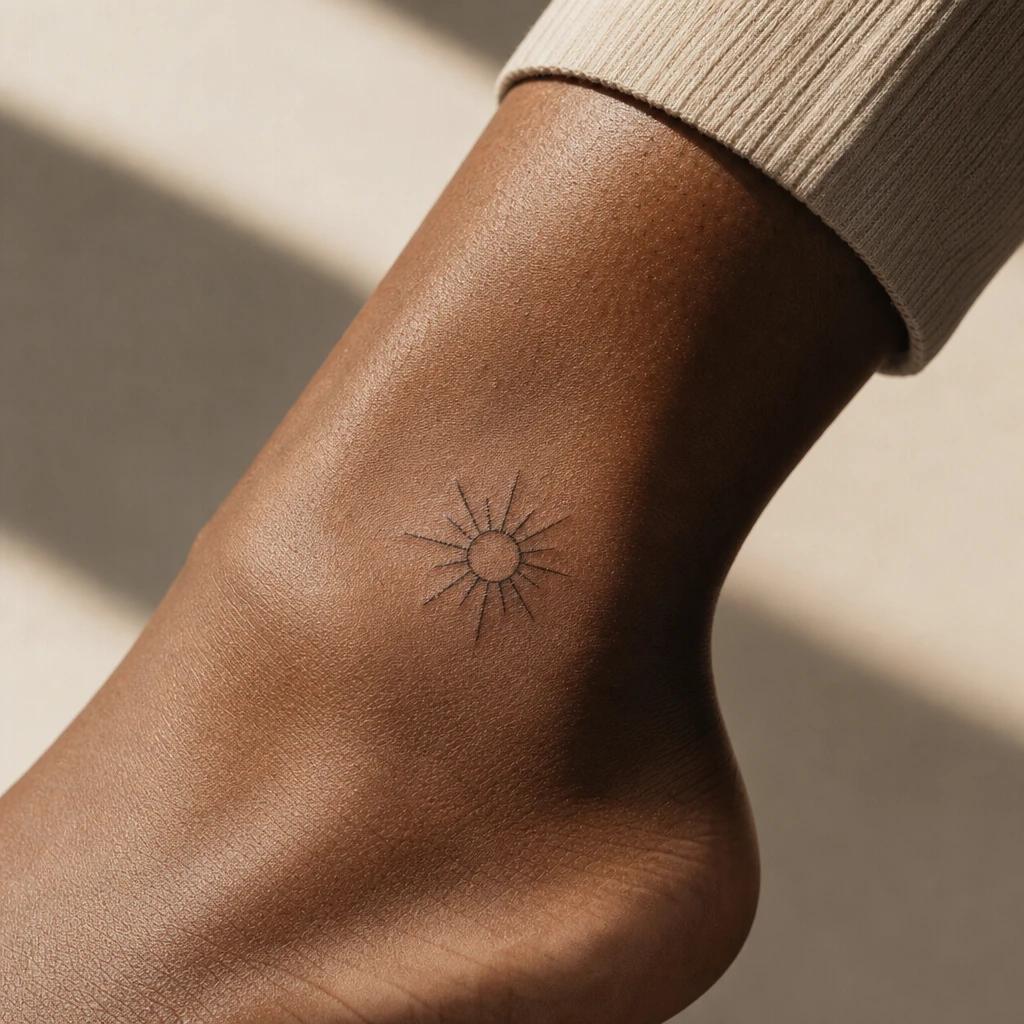 idée tatouage cheville femme soleil minimaliste, photo réaliste sur peau