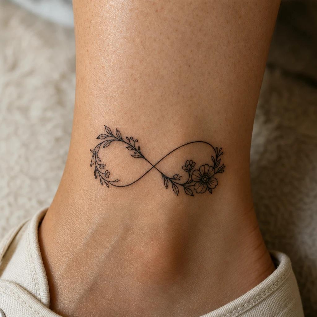 idée tatouage cheville femme symbole infini fleuri, photo réaliste sur peau