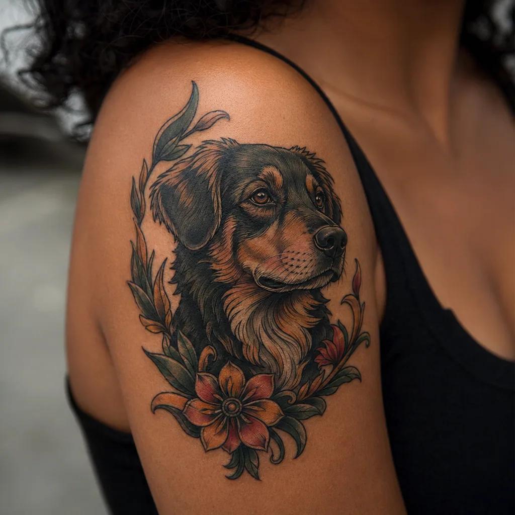 idée tatouage chien chien néo-traditionnel, photo réaliste sur peau