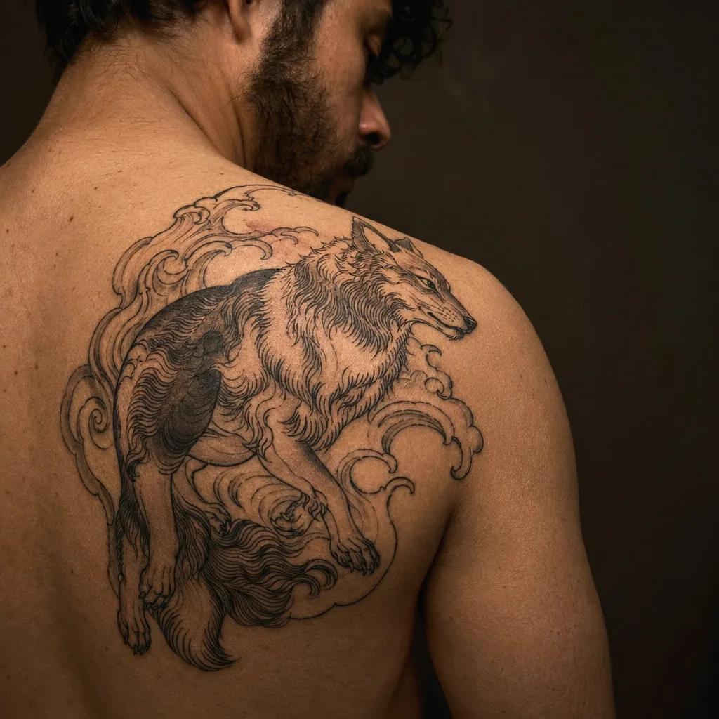 idée tatouage chien chien japonais, photo réaliste sur peau