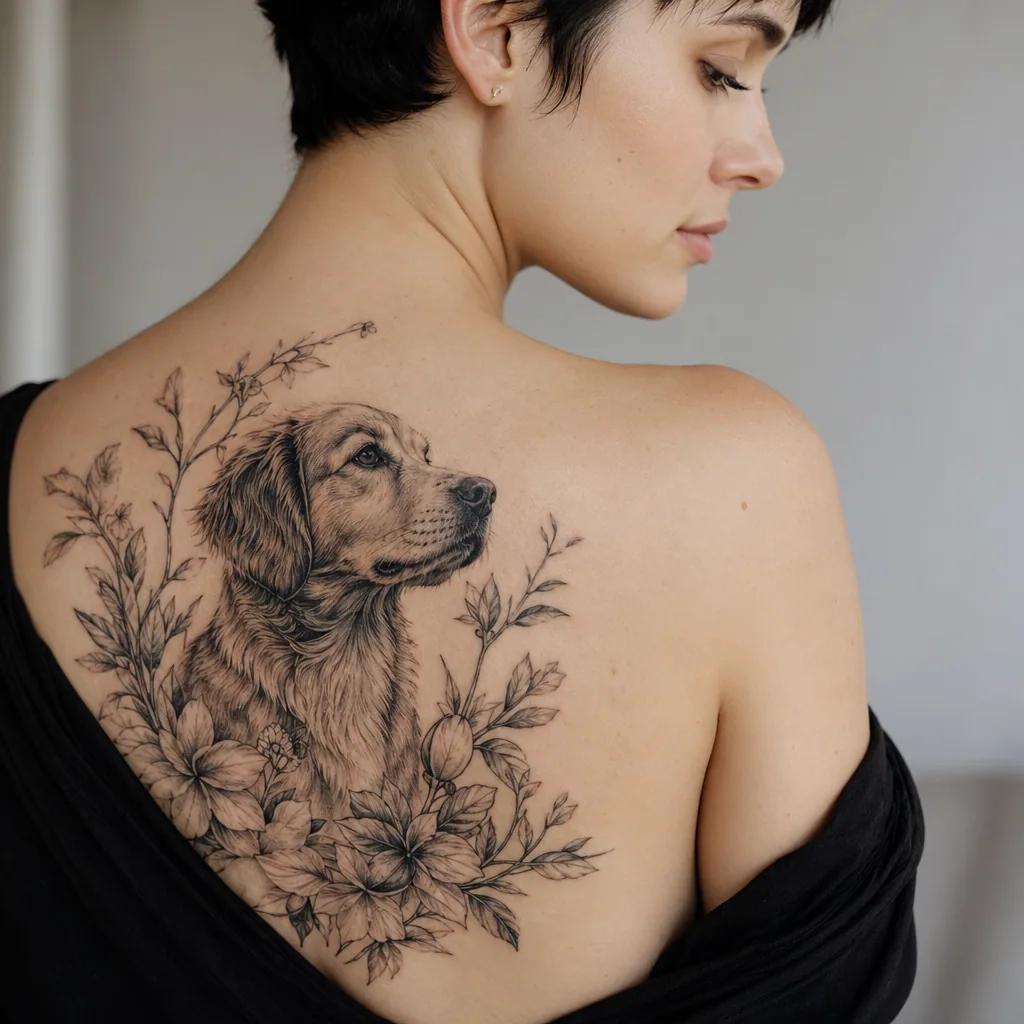 idée tatouage chien chien et fleurs, photo réaliste sur peau