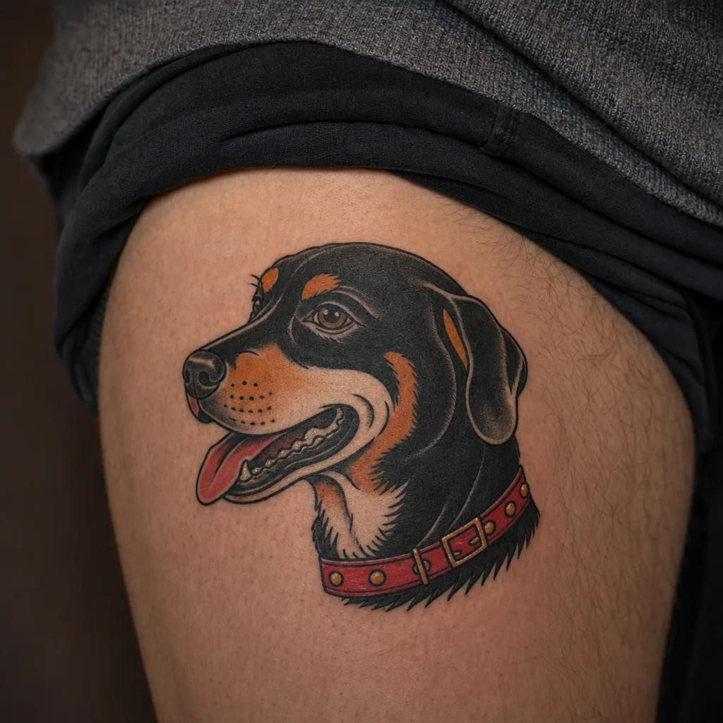 idée tatouage chien chien old school, photo réaliste sur peau