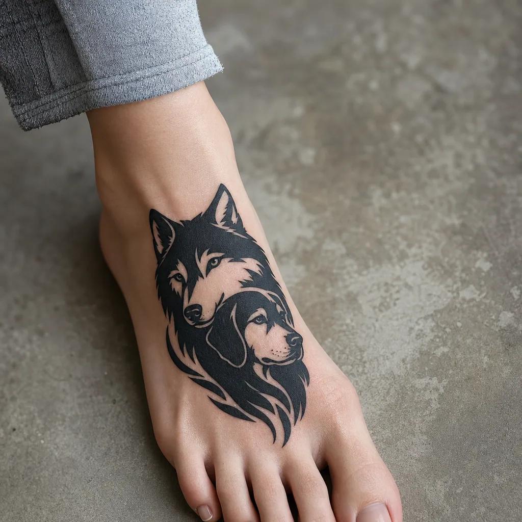 idée tatouage chien loup et chien blackwork, photo réaliste sur peau