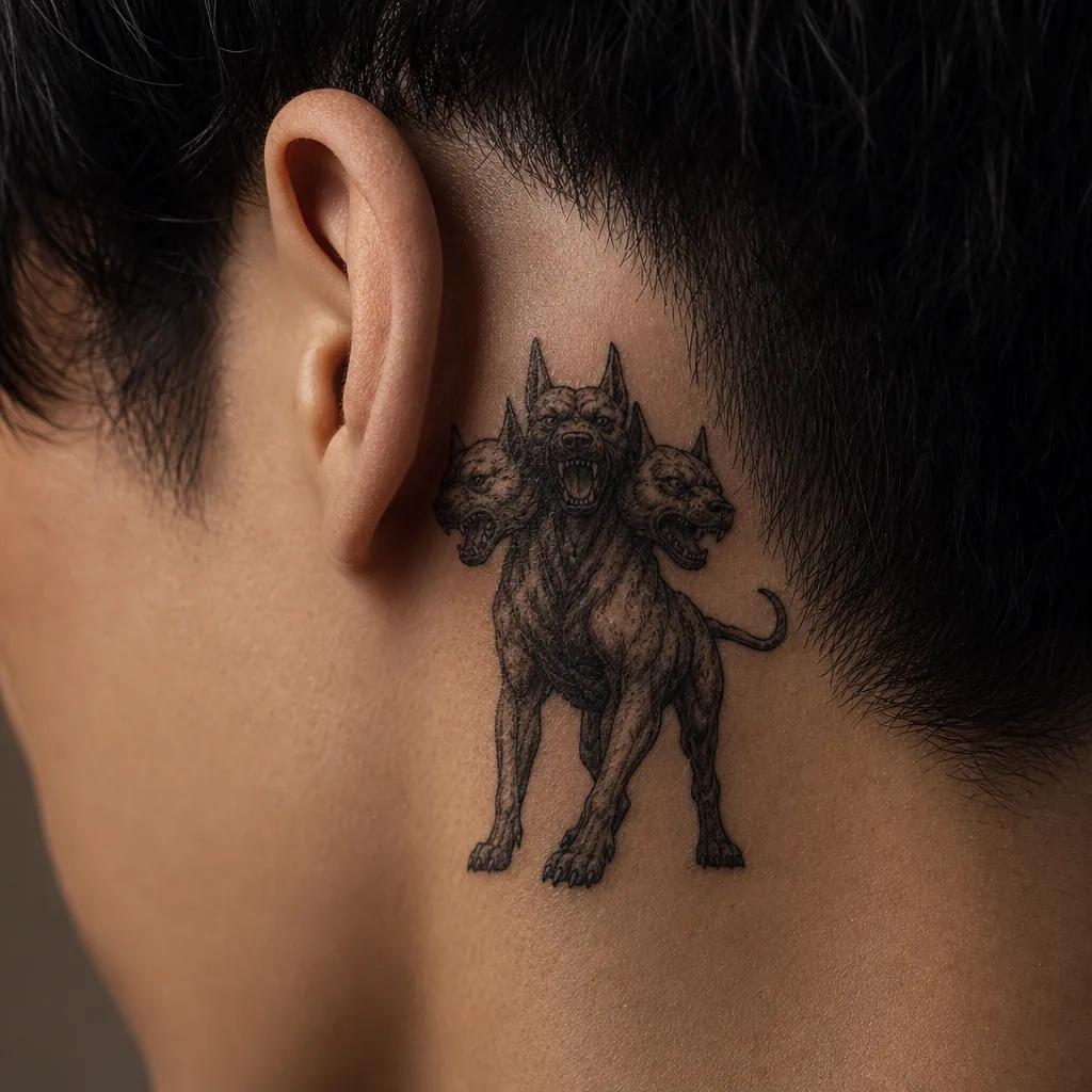 idée tatouage chien cerbère mythologique, photo réaliste sur peau