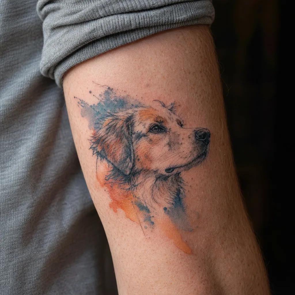idée tatouage chien chien aquarelle, photo réaliste sur peau