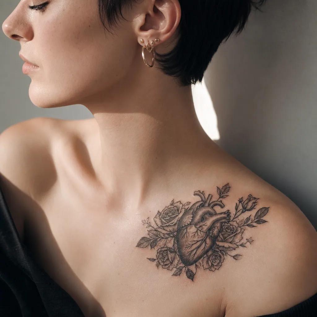 idée tatouage coeur coeur entoure roses, photo réaliste sur peau
