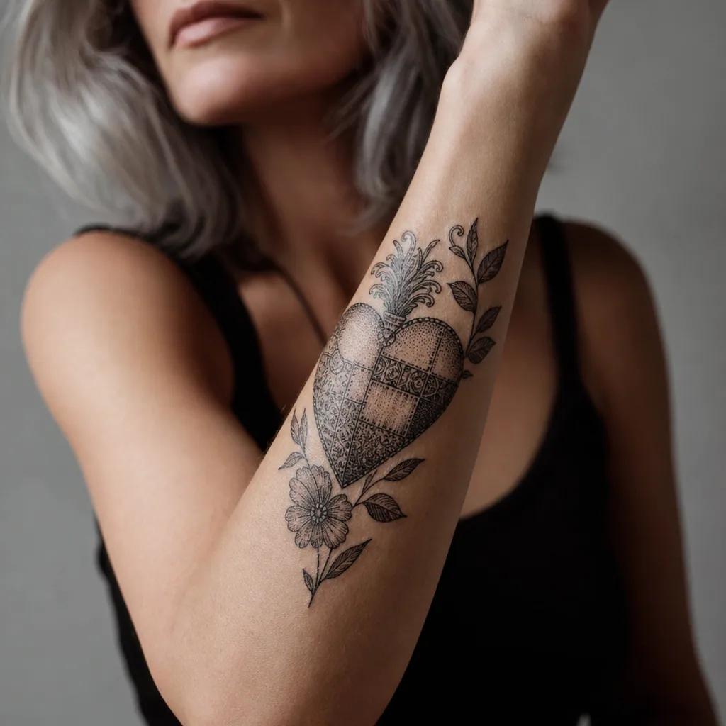 idée tatouage coeur patchwork coeurs vintage, photo réaliste sur peau