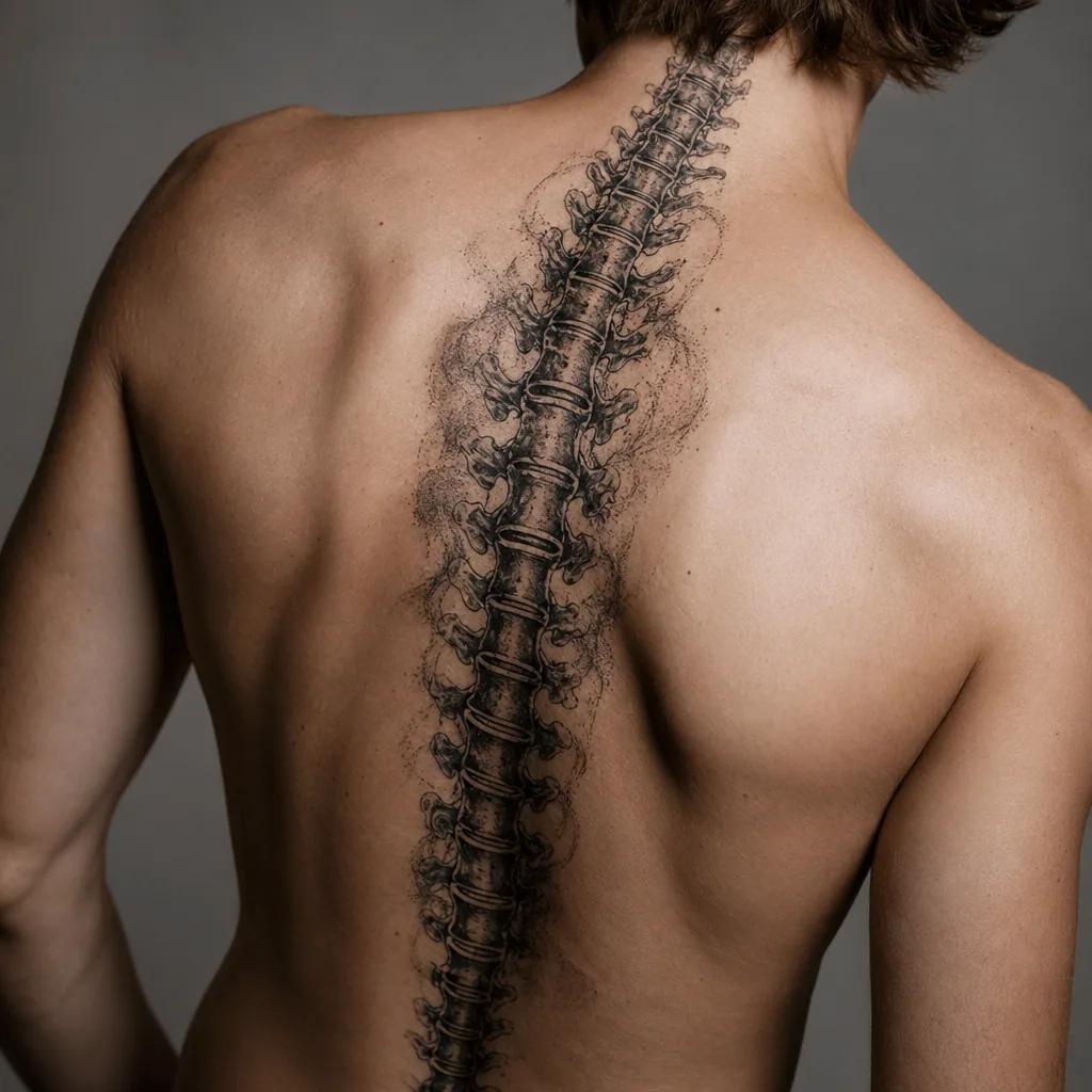 idée tatouage colonne vertébrale réalisme noir et gris, photo réaliste sur peau