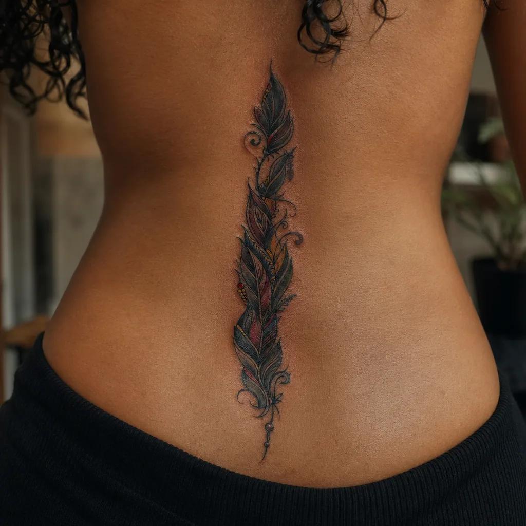idée tatouage colonne vertébrale plumes néo-traditionnelles, photo réaliste sur peau