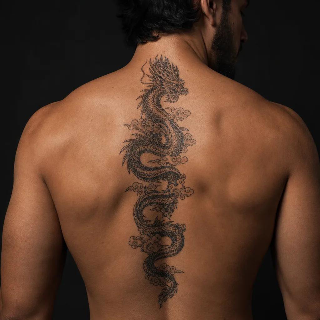 idée tatouage colonne vertébrale dragon japonais vertical, photo réaliste sur peau