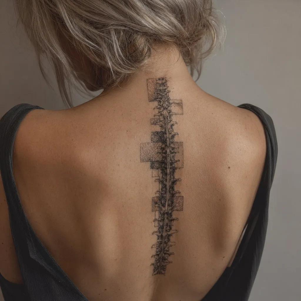 idée tatouage colonne vertébrale patchwork flash dorsal, photo réaliste sur peau