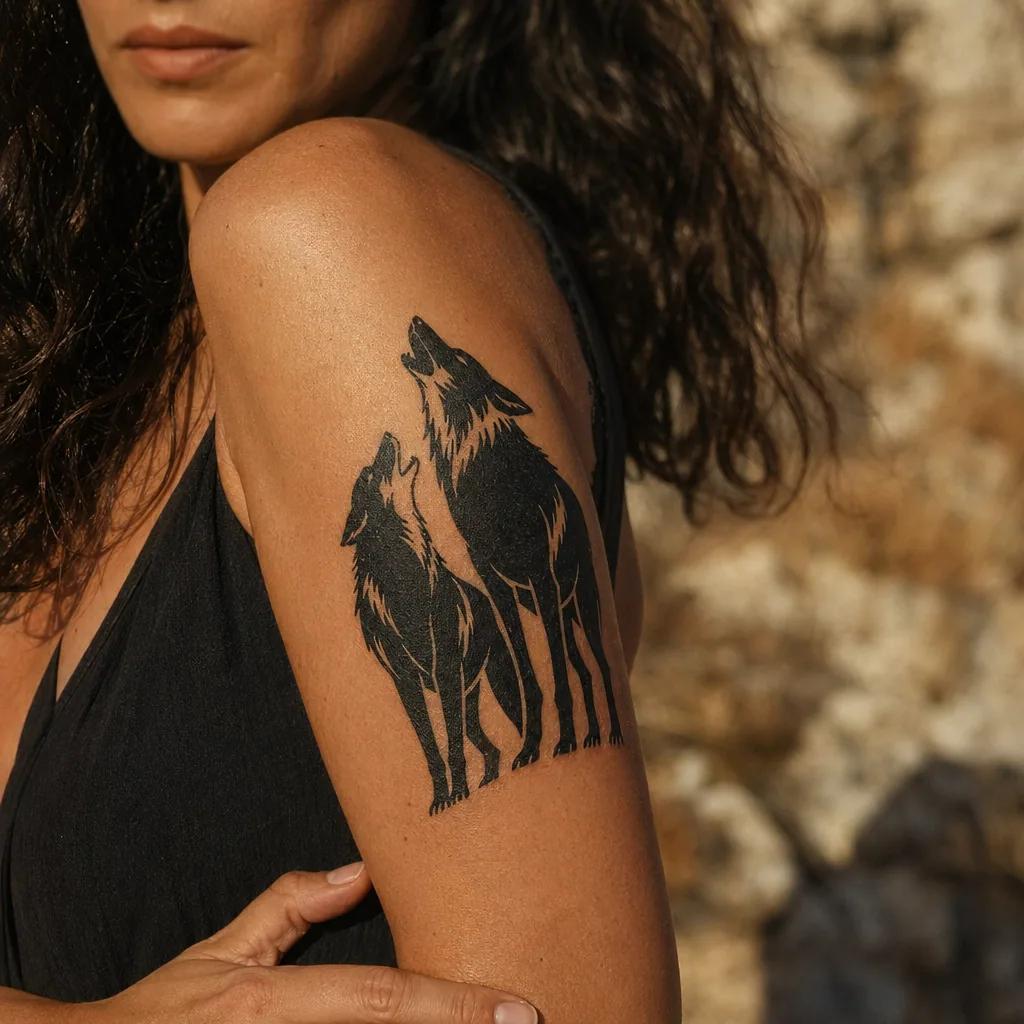 idée tatouage commun loup et louve blackwork, photo réaliste sur peau