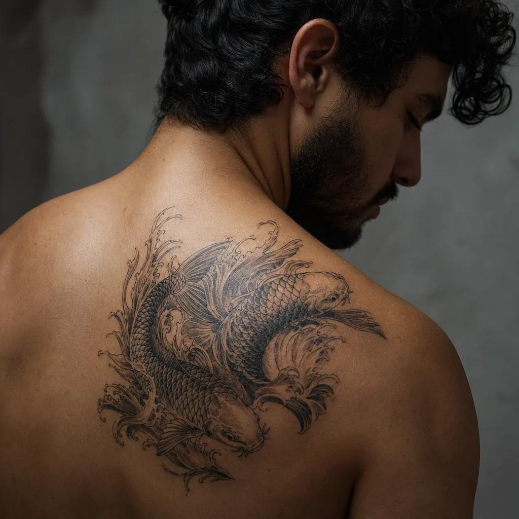 idée tatouage commun carpes koï japonais, photo réaliste sur peau