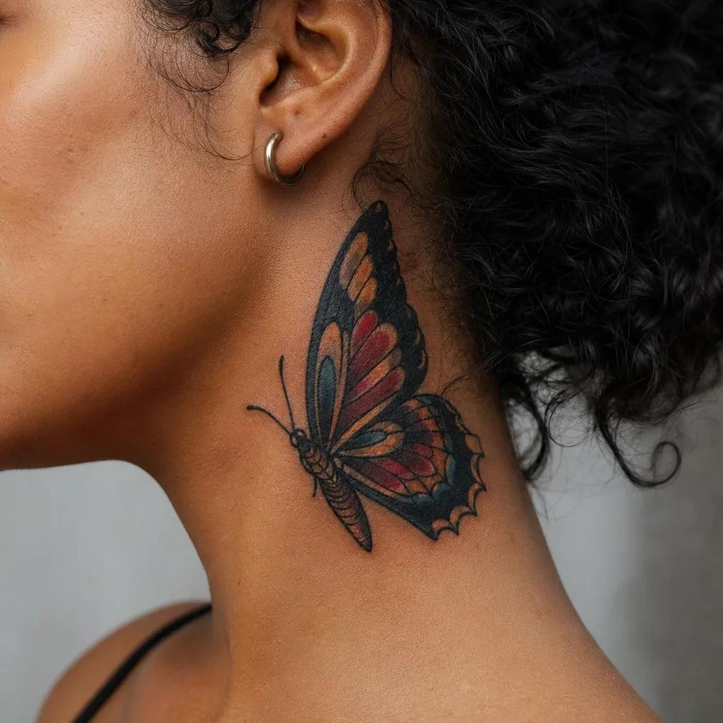 idée tatouage cou cou néo-traditionnel papillon, photo réaliste sur peau