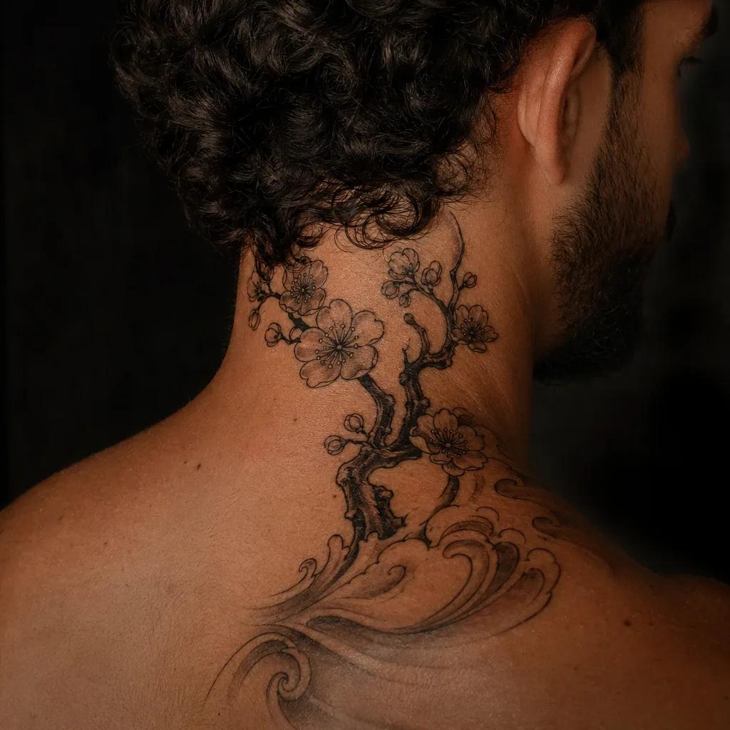 idée tatouage cou cou japonais cerisier, photo réaliste sur peau