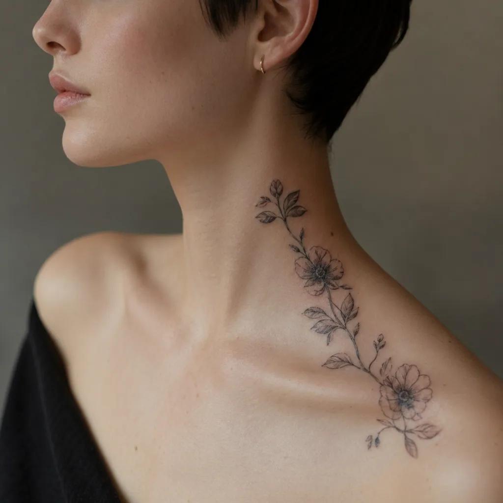 idée tatouage cou cou floral branche, photo réaliste sur peau