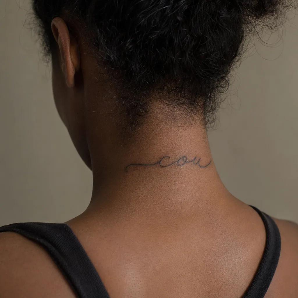 idée tatouage cou cou lettrage cursive, photo réaliste sur peau