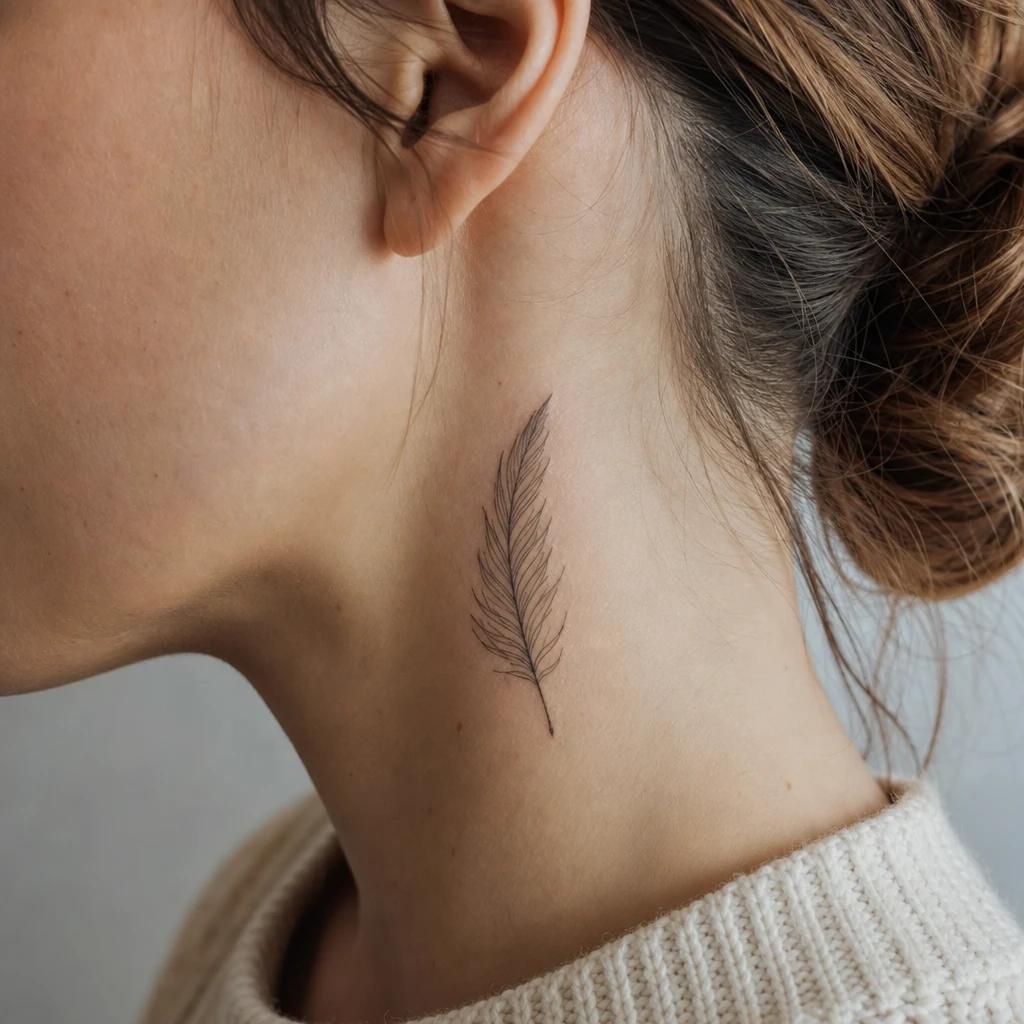 idée tatouage cou femme plume fine line côté cou, photo réaliste sur peau