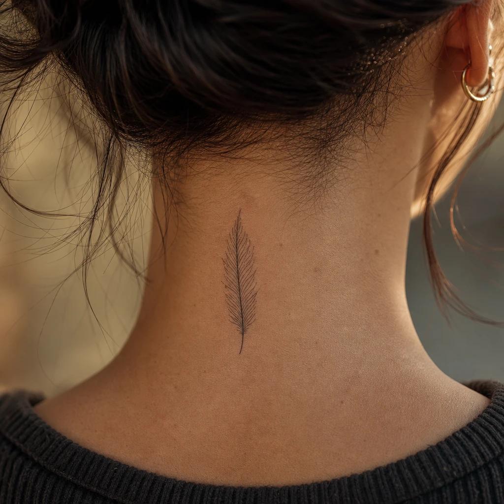 idée tatouage cou femme plume fine line côté cou, photo réaliste sur peau