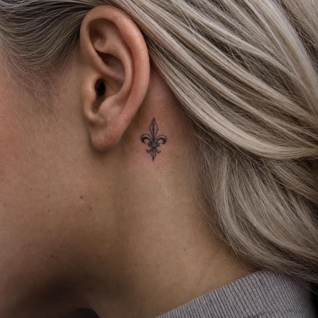 idée tatouage cou femme petite fleur sous l'oreille, photo réaliste sur peau