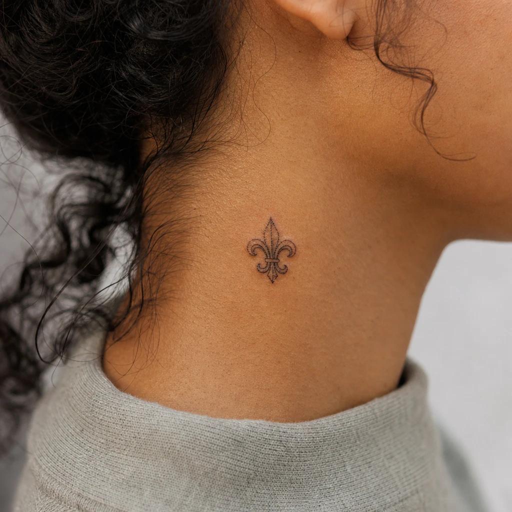 idée tatouage cou femme petite fleur sous l'oreille, photo réaliste sur peau