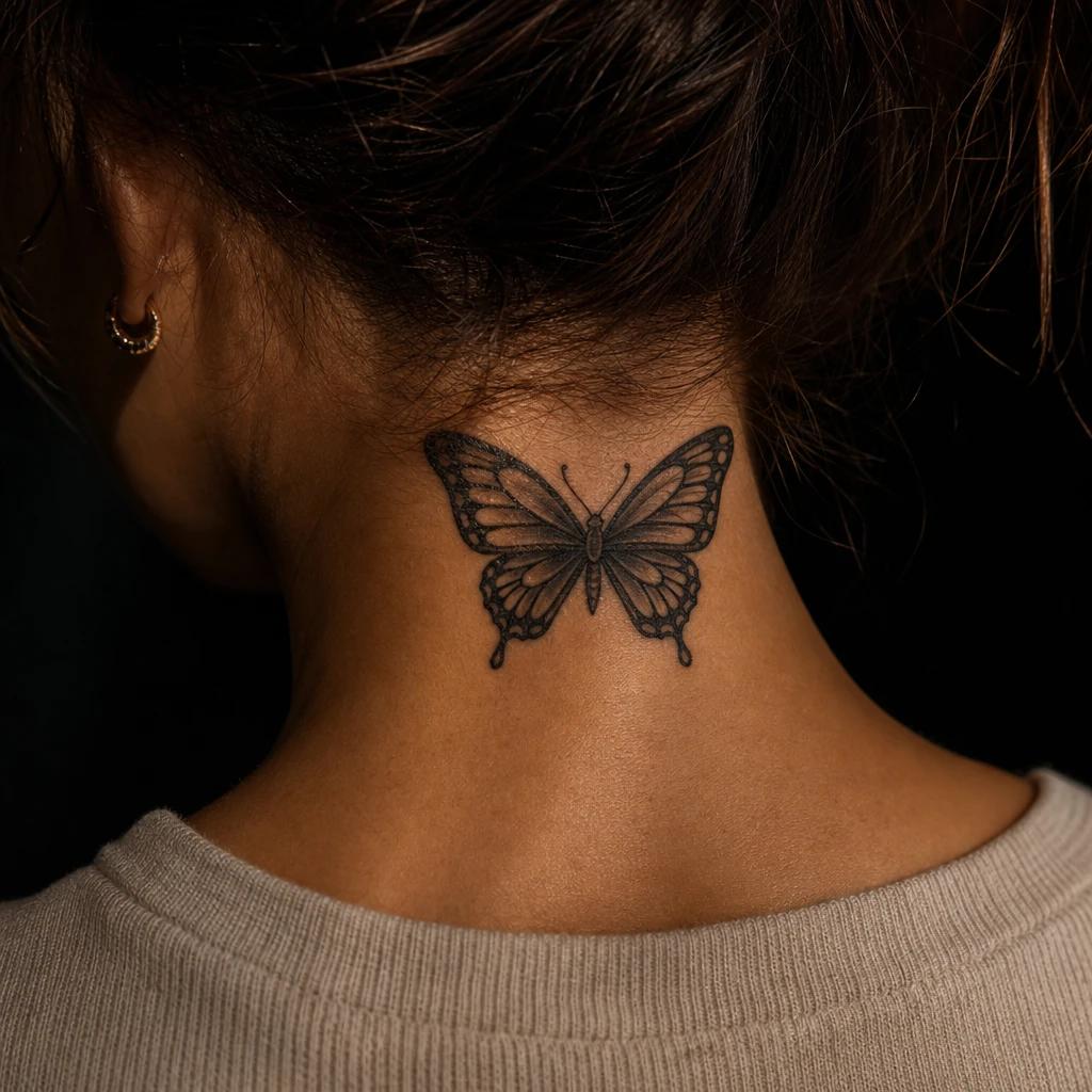 idée tatouage cou femme papillon néo-traditionnel, photo réaliste sur peau