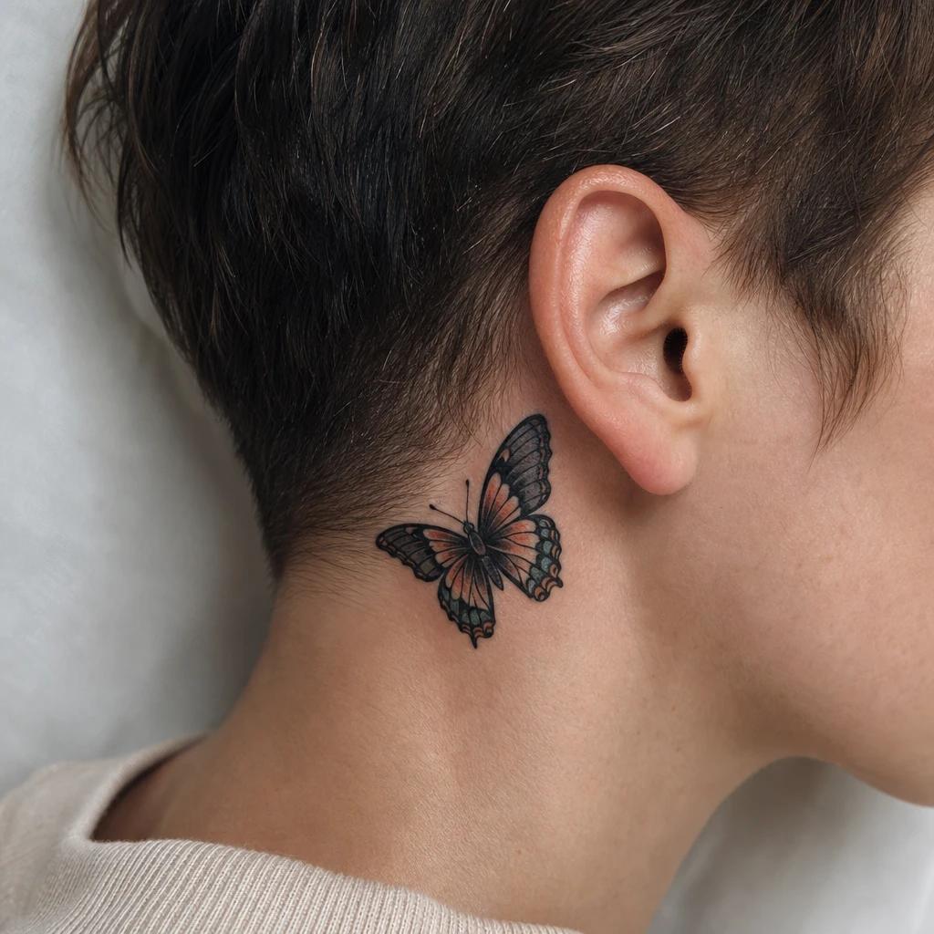 idée tatouage cou femme papillon néo-traditionnel, photo réaliste sur peau