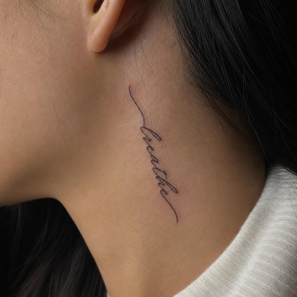 idée tatouage cou femme lettrage cursif, photo réaliste sur peau
