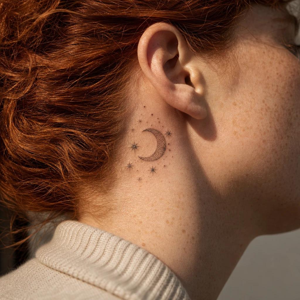 idée tatouage cou femme lune et étoiles dotwork, photo réaliste sur peau