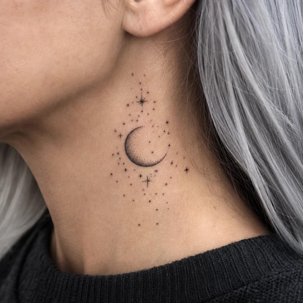 idée tatouage cou femme lune et étoiles dotwork, photo réaliste sur peau