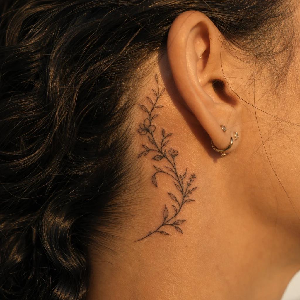 idée tatouage cou femme branche fleurie, photo réaliste sur peau