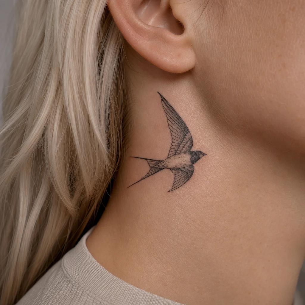 idée tatouage cou femme hirondelle délicate, photo réaliste sur peau